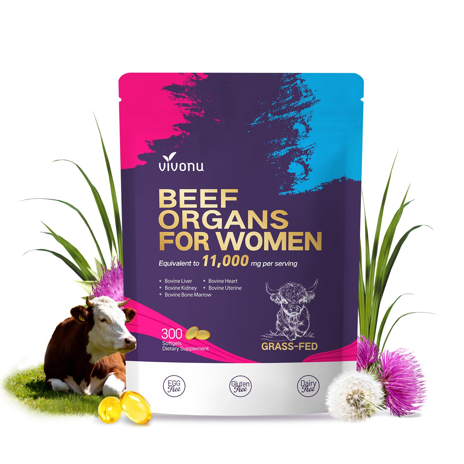 VivoNu Beef Organ Supplement for Women, 400 Day Supply, 11000mg per Serving Beef Organs with Bovine Liver, Ovary, Uterus, Kidney, Heart, Bone &amp; More, 100% Grass Fed, Balance Hormones, Energy