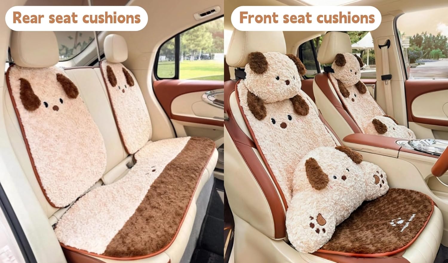Cute Fluffy Dog Car Seat Cushions Covers Front and Rear Seat Pads Full Set 11PCS for 5 Seats, Winter Warm Automotive Interior Accessories for Cars SUV, Truck, Pickups (Fuzzy Dog - 11pcs)