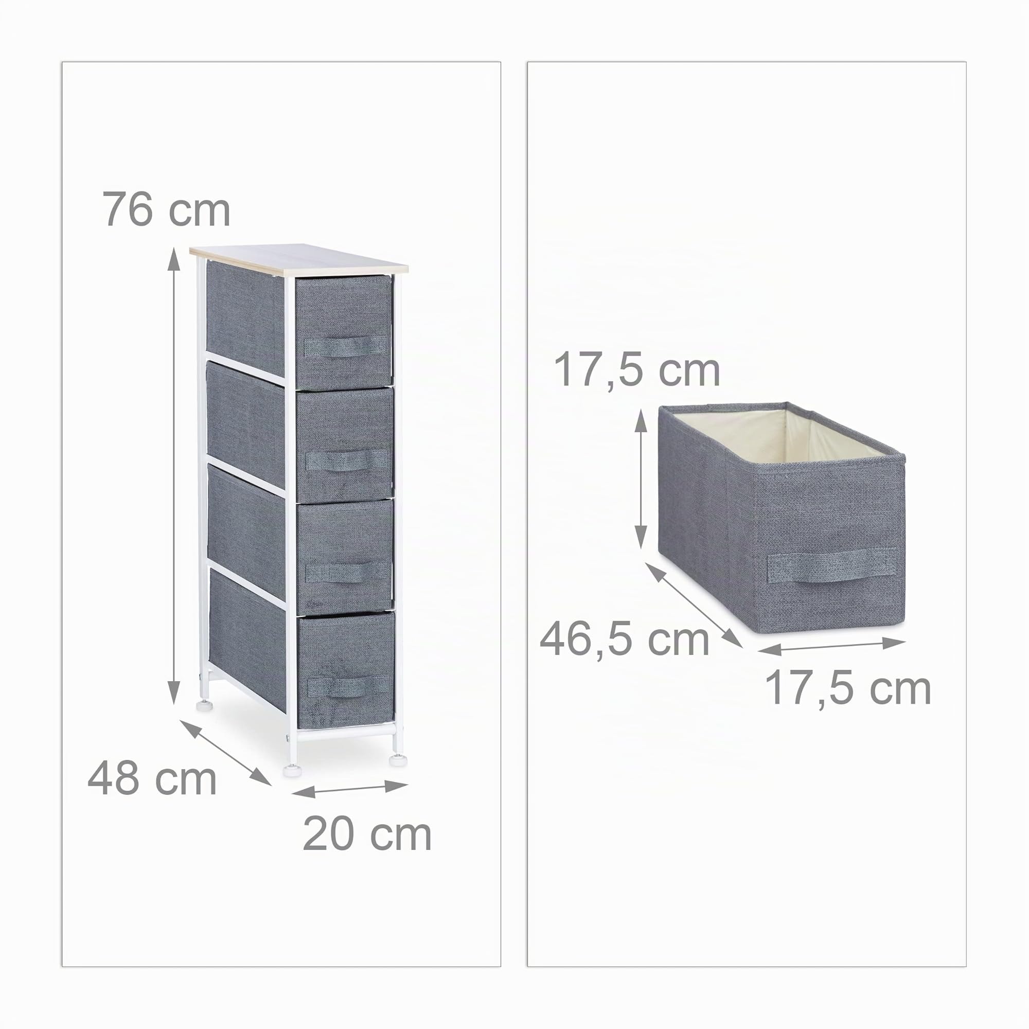 Relaxdays 10023328_492 Mobiletto con 4 Cassetti, Mobile Cassettiera, HxLxP 76x20x48 cm, Tessuto, Metallo, Legno, Grigio
