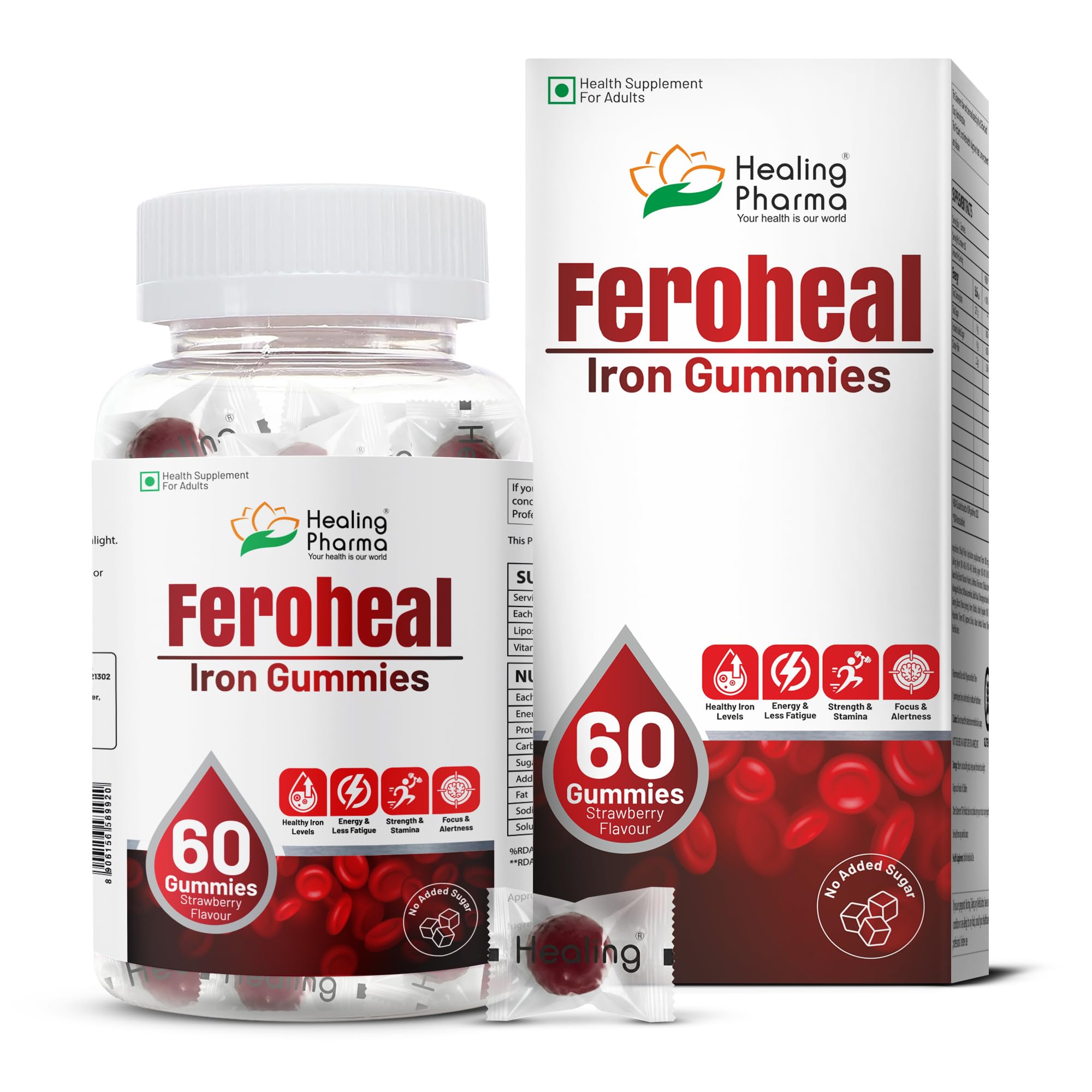Healing Pharma - Feroheal Iron Gummies for Women | Liposomal Iron 50mg + Vitamin C | Boosts Hemoglobin, Energy & Stamina | No Added Sugar | Gluten Free | 60 Veg Gummies – Strawberry Flavour