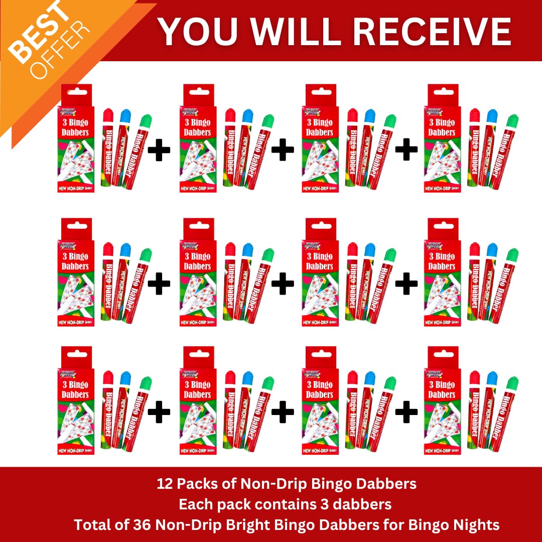 Bingo Dabbers - Confezione da 36 penne per bingo (3 confezioni da 30,5 cm, rosso brillante, blu e verde), anti-gocciolamento, per giochi di bingo con familiari e amici
