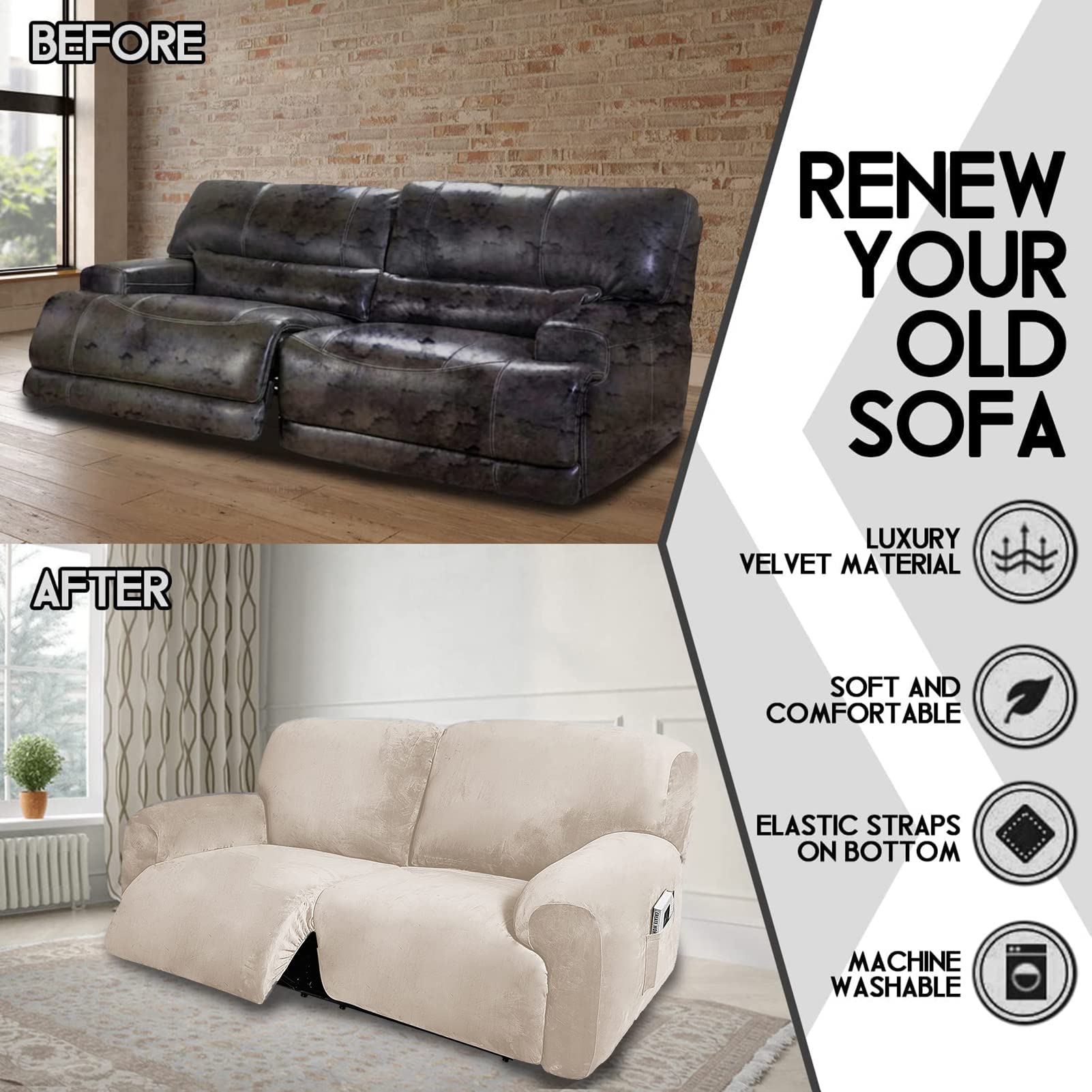 Fodere per Sedie Reclinabili, Extra Largo 190-254cm Copridivano a 2 posti reclinabile, 6 Pezzi Fodere Copripoltrona Reclinabile Elasticizzato Velluto Rimovibile (Beige)