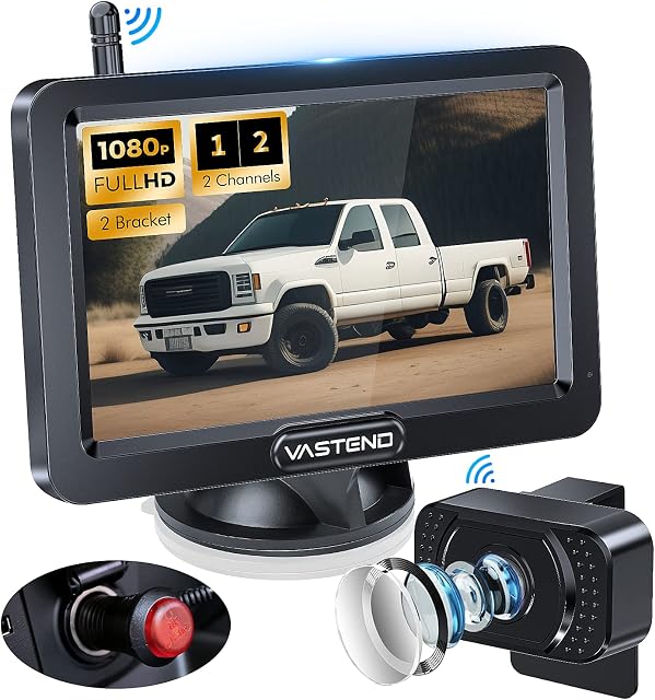 VASTEND Reversing Camera Wireless HD 1080P Car Rear View Camera, 5'' Monitor Split Screen 2 Channels Parking System, Night Vision Waterproof Reverse Camera Kit for Car, Trucks, RV, Van, Trailer V02