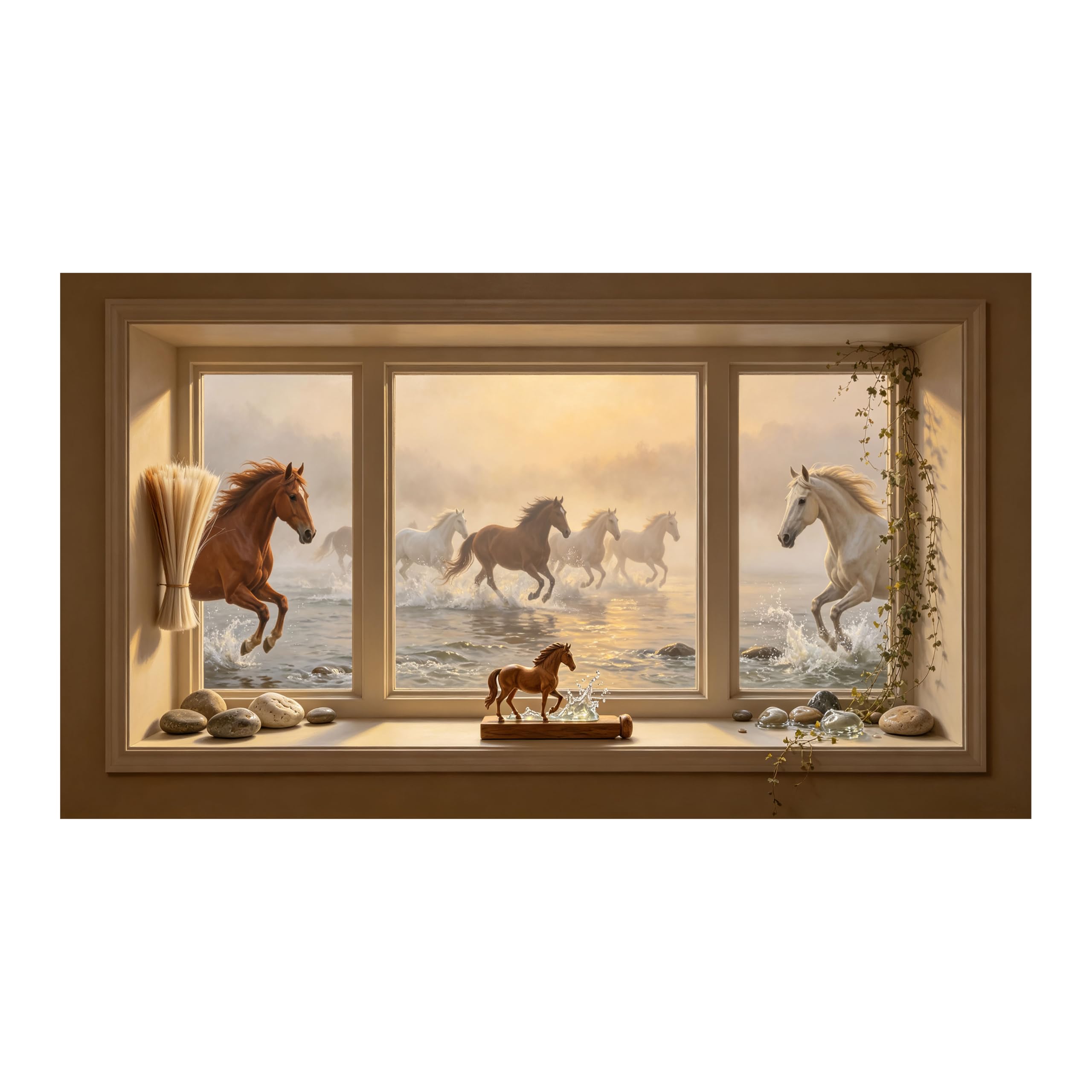 Yzpallescene 3D Framed Wall Art Coastal Horse Seascape Window View Oil Painting Large Size SelfAdhesive Removable Wall Decor Prints Artwork for Living Room Bedroom Office