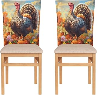 ALAZA Chair Back Covers for Dining Chairs,Thanksgiving Turkey Pumpkin Parson Chair Slipcovers Set of 2 Washable Kitchen Dining Room Back Chair Protector for Holiday Party Wedding