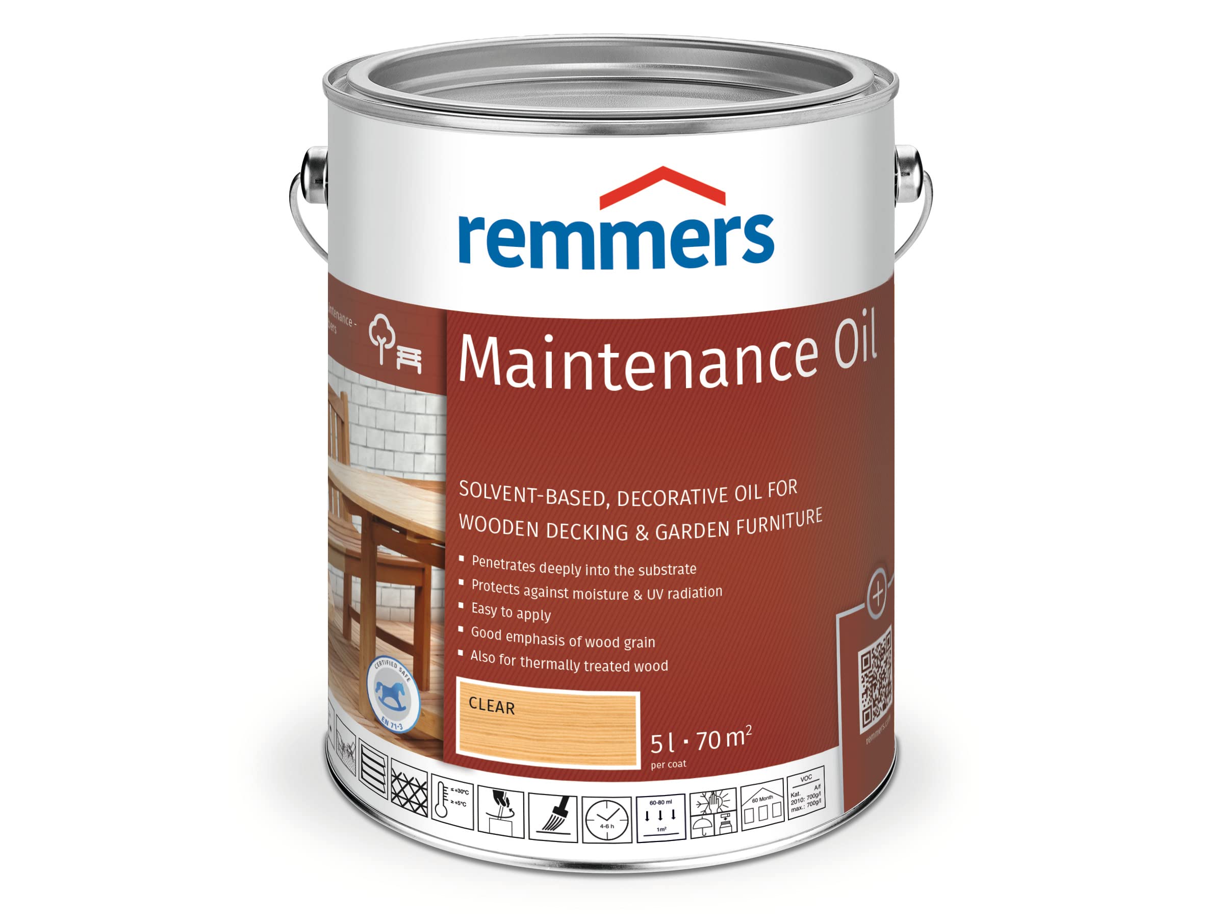 Remmers Maintenance Oil Clear, 5 litres, Solvent-Based, Decorative Wood Oil for Indoor and Outdoor Woods, Water-Repellent, Weather-Resistant, Brilliant Colour Shades