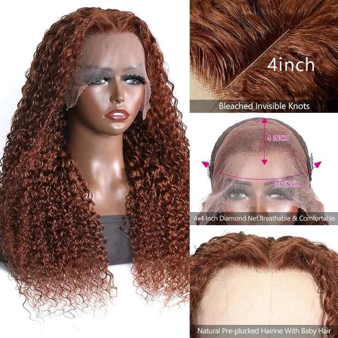 UNICE Auburn Brown 13X4 Lace Front Wig Jerry Curly Human Hair Wigs for Women, Brazilian Remy Hair Chestnut Brown Colored Wigs Lace Frontal Wig Pre ...
