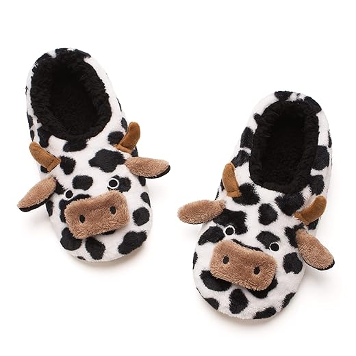 The Metluks Cute Animal House Slippers for Teens Girls Boys Adult Women Indoor, Warm Fuzzy Bedroom Sock Shoes with Grippers Non slip, Cozy Funny Christmas Gifts Cow Kids Size 1-3