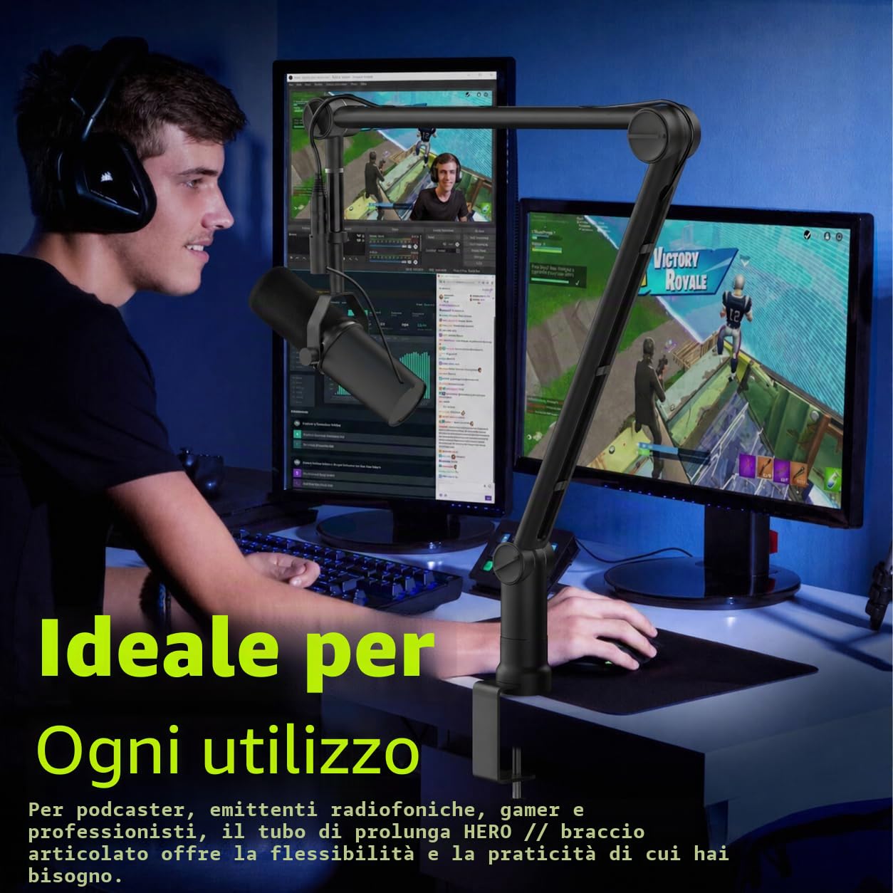 IXTECH Asta per microfono con tubo di estensione, braccio per microfono per Shure SM7B MV7 Blue Yeti robusto in acciaio inox, supporto da scrivania, braccio pieghevole a forbice, supporto per