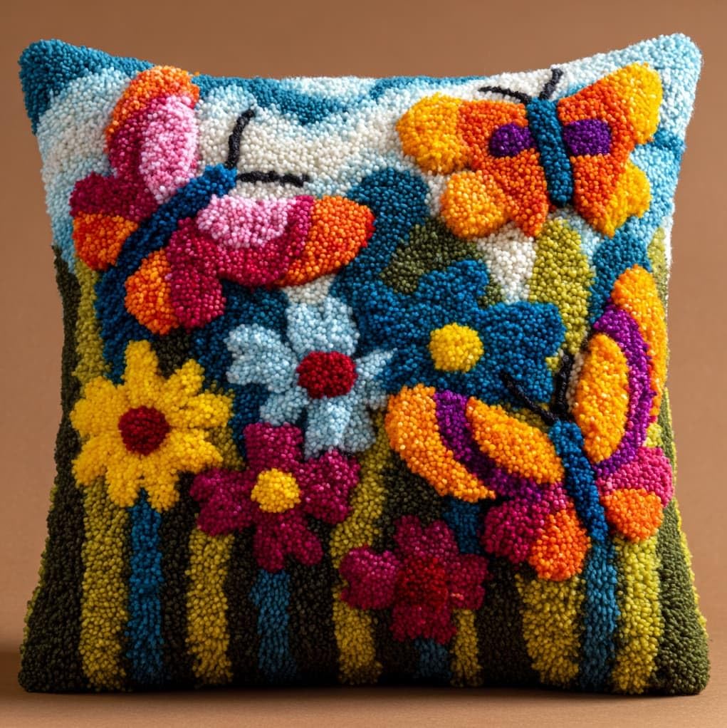 Henypt Latch Hook Cushion Kit 43x43cm,Flowers and Butterflies Beginner Friendly Needlecraft Set,Adult Craft Hobby kit,Easy Latch Hook for Home Decor,