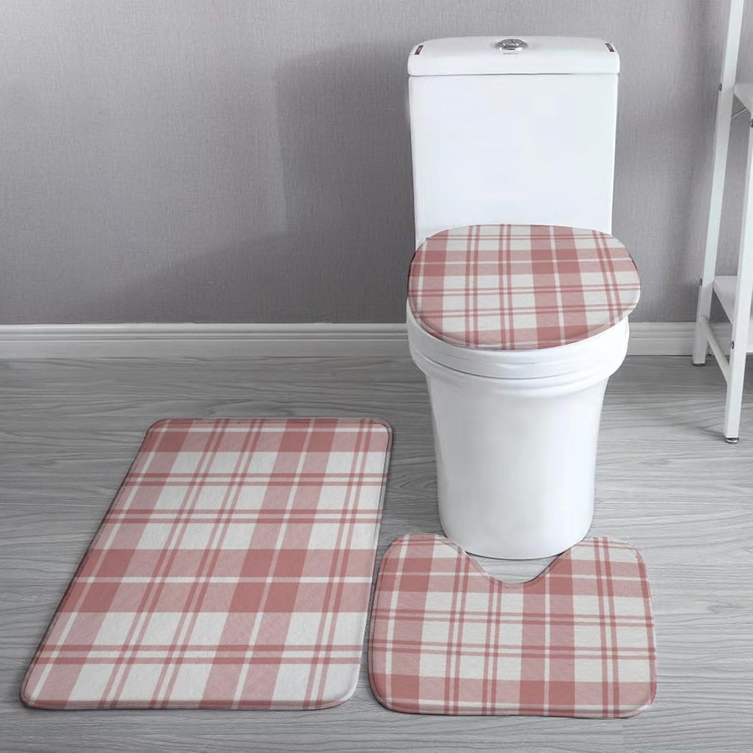 3 Piece Pink and White Buffalo Plaids Checked Bath Mat Set Plush Valentines Day Bathroom Rug Sets for Spring Non Slip Water Absorbent U-Shaped Contour Toilet Mat, Toilet Lid Cover