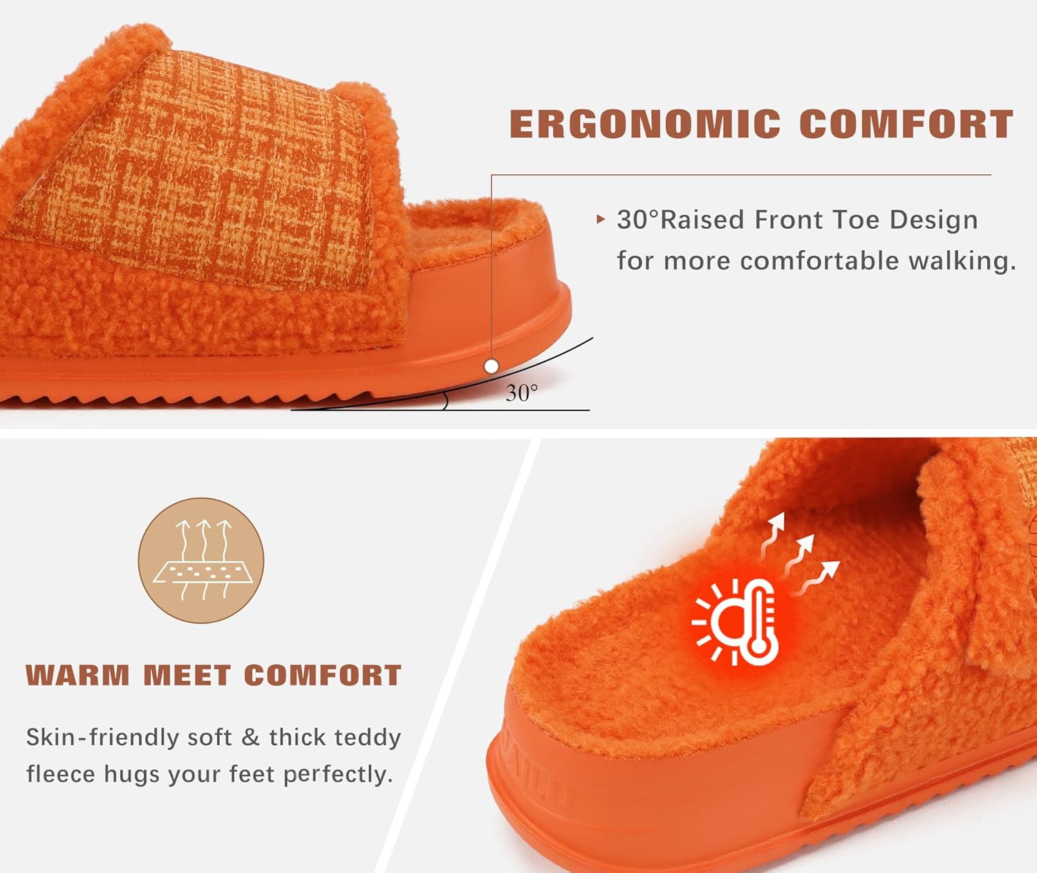 KuaiLu Cushion Slippers For Women with Orthotic Arch Support Wide Adjustable Open Toe Flatform Furry Fur Sandals Warm Teddy Fleece Recovery Slides Slip On House Shoes Indoor Outdoor, Orange US8 - Image 5