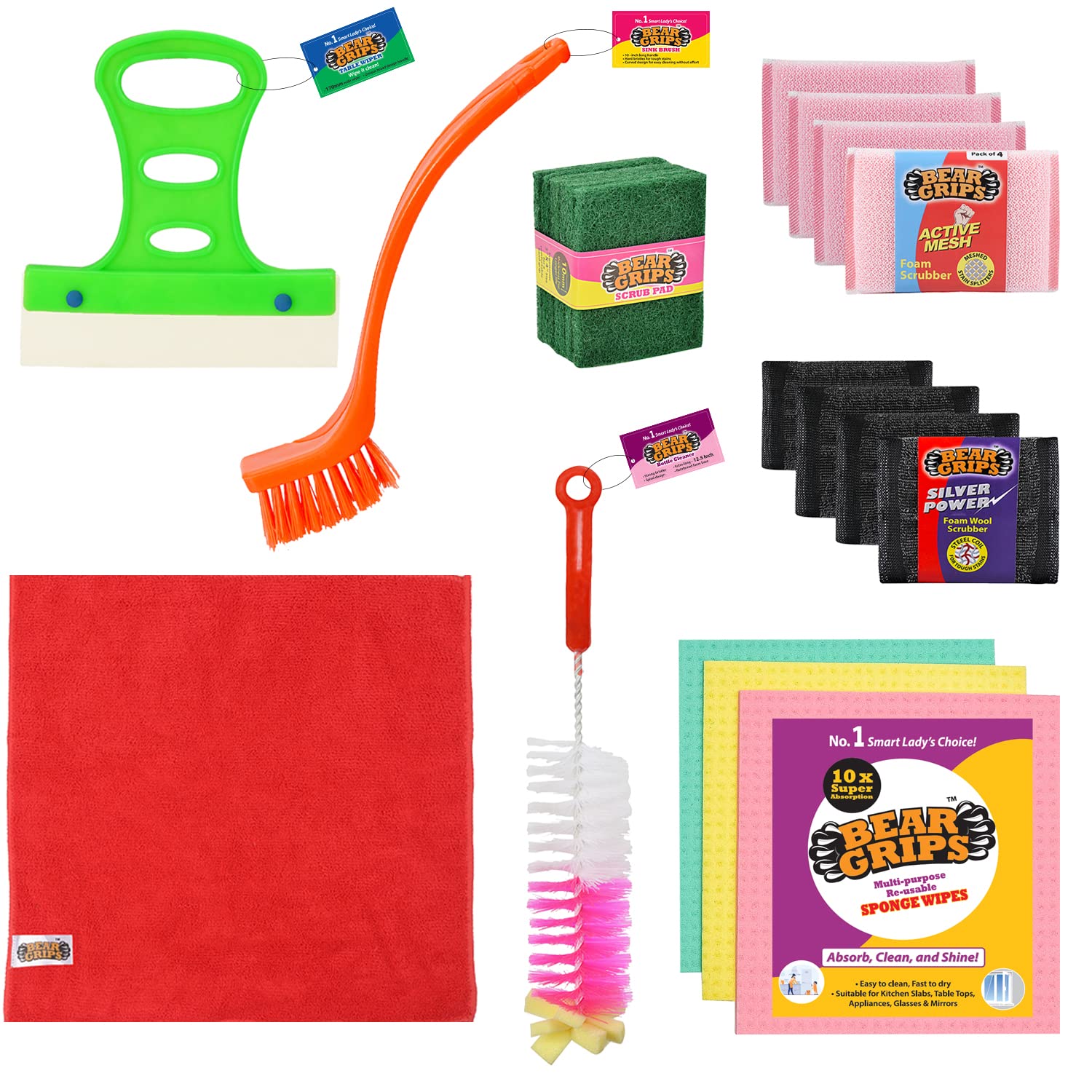 BEAR GRIPS Complete 22 Items Dish Washing and Kitchen Cleaning Set with Steel Wool Scrubber, Foam net Scrubber, Green Scrub pad, Wipes, Sink Brush, Table Wiper, Bottle Brush and Microfiber Cloth. (B0B1PY7Q5F) Amazon Price History, Amazon Price Tracker