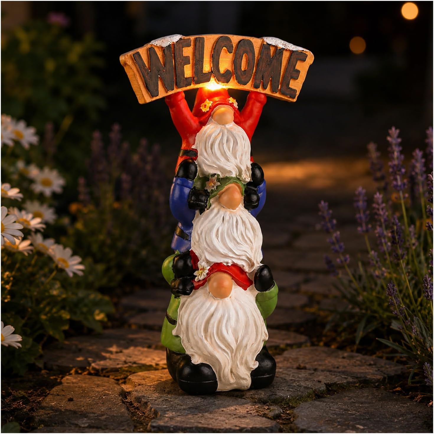 9.25" Stacked Gnome Welcome Decor with Lighted Sign, Resin Holiday Gnome Figurine, Perfect for Porch, Entryway, Balcony, Patio, Solar Garden Lights Outdoor for Mom, Grandma, Gardeners