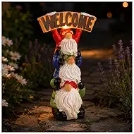9.25" Stacked Gnome Welcome Decor with Lighted Sign, Resin Holiday Gnome Figurine, Perfect for Porch, Entryway, Balcony, Patio, Solar Garden Lights Outdoor for Mom, Grandma, Gardeners