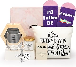 Weysat 8 Pcs Funny Running Gifts Set for Women Wooden Hexagon Medal Display Case Novelty Socks Scented Candle Cosmetic Bag Stemless Glass Running Keychain Card Marathon Lovers Gifts for Christmas