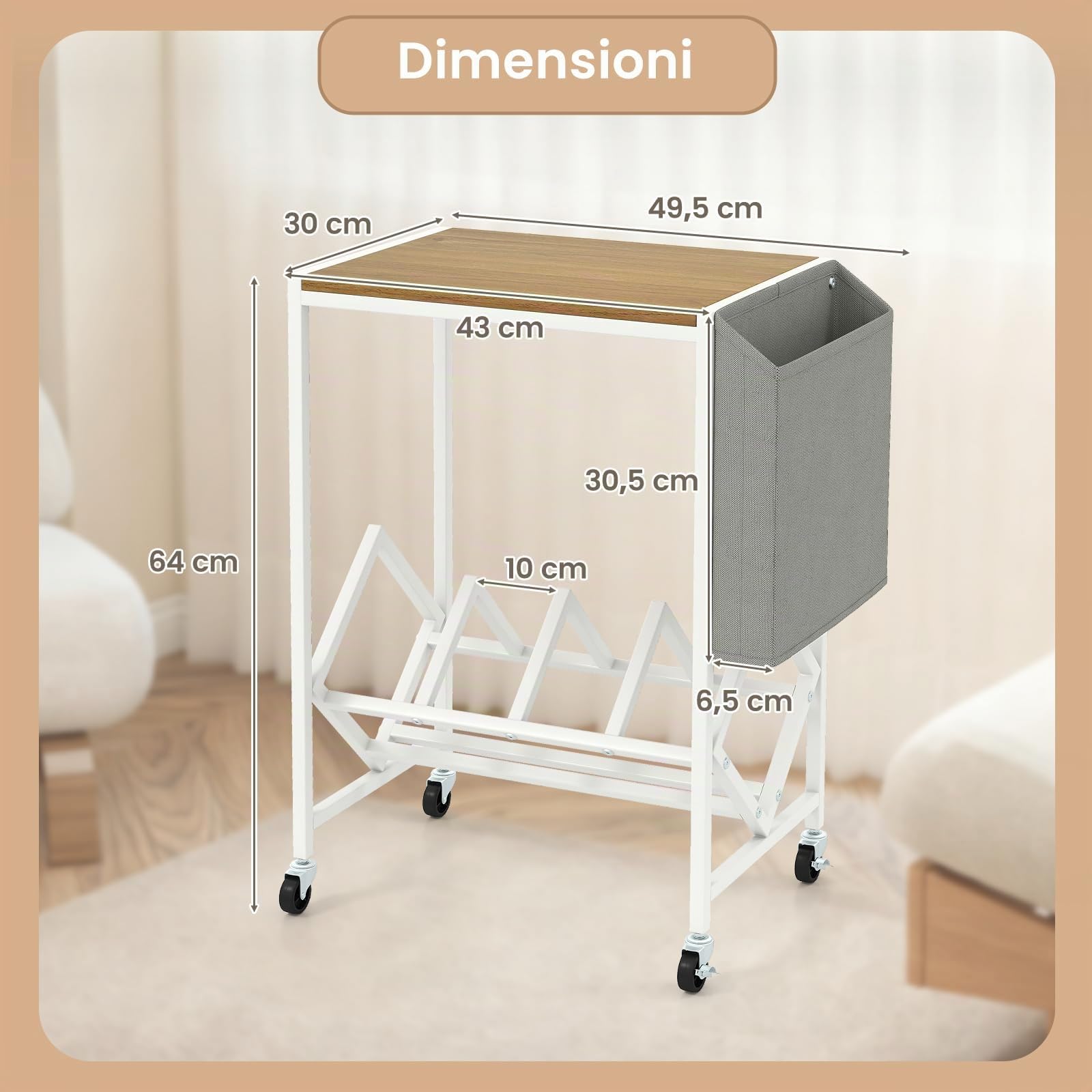COSTWAY Supporto per Giradischi, Porta Dischi Vinili in Legno e Metallo, Mobile con Tasca Organizer e Ruote, Fino a 200 Album, per Soggiorno, Studio e Camera da Letto (Naturale + Bianco)