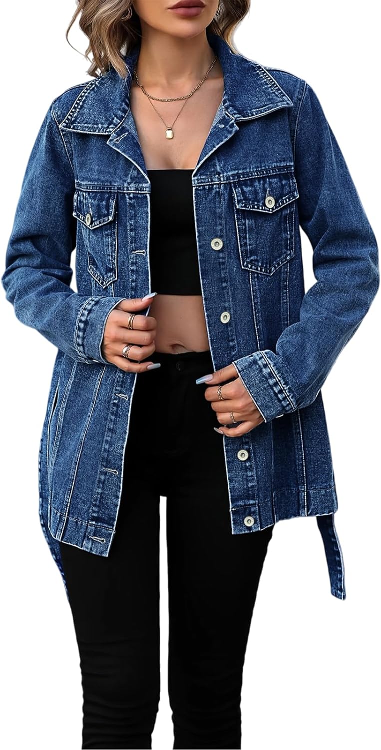 Jean Jacket Oversized Womens Classic Jean Jacket With Hood For Curvy Women Long Sleeve Denim Trench Coat（Brown）