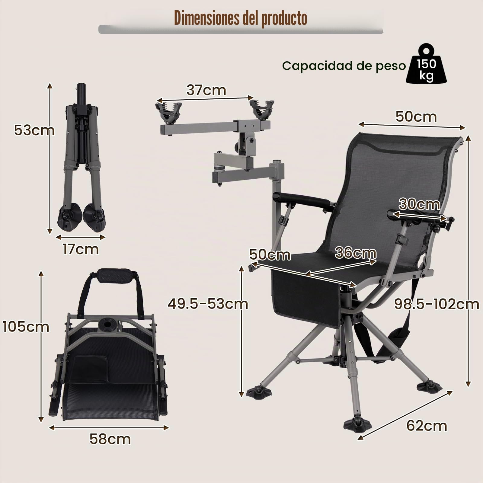 KOMFOTTEU Silla de Caza Giratoria 360°, Silla Plegable de Exterior con Soporte para Rifle Ajustable y Patas Ajustables, Asiento de Francotirador con Bolsillo de Transporte, Carga 150 kg (Modelo II)
