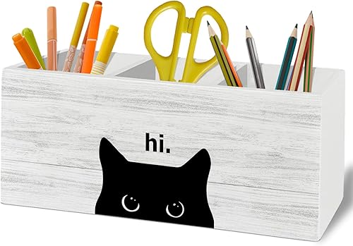 Hi Black Cat - Organizador para lápices para accesorios de escritorio, gato negro, mamá, dama, amantes, regalos de dueño, caja de madera, decoración