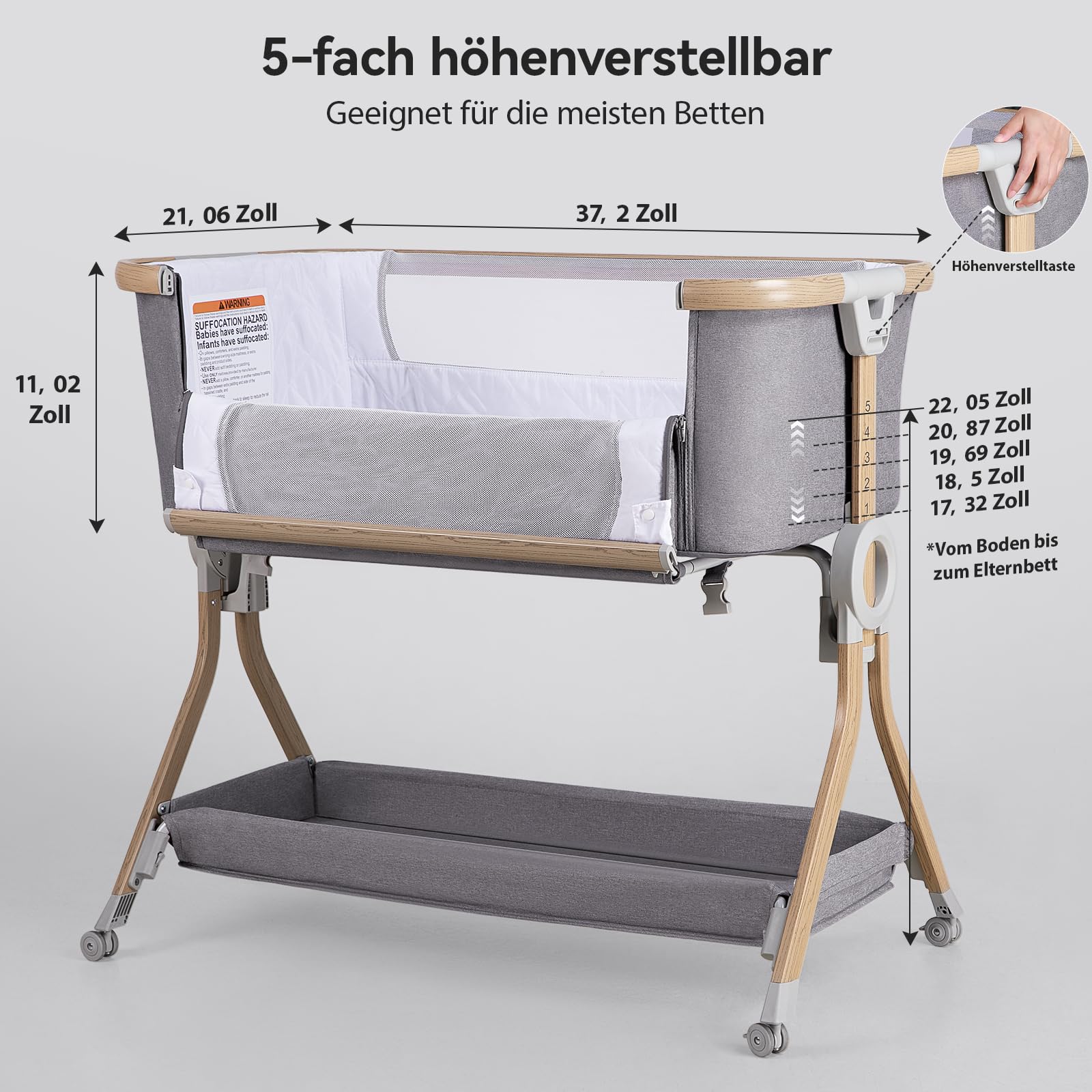 Larex Beistellbett Baby,3 in 1 Babybett mit Moskitonetz,Aufbewahrungstasche & Korb,5-stufig Höhenverstellbares Babybett,4 Räder mit Bremse,atmungsfreundliche Matratze & Mesh (Dunkelgrau)