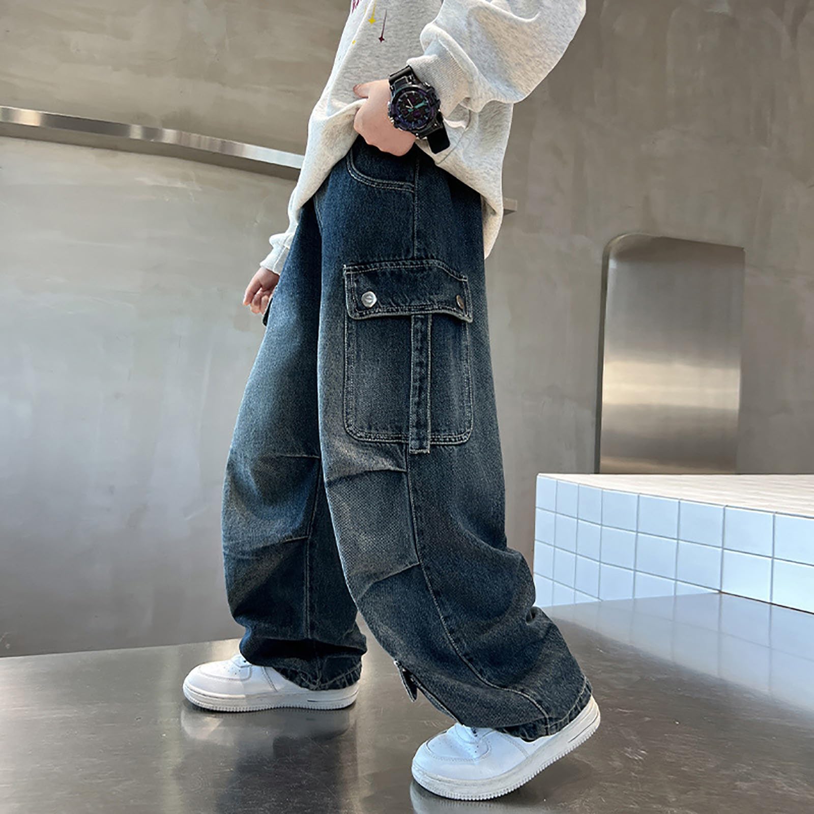 Pantalones Vaqueros Cargo de Pierna Ancha Holgados para Niños Denim con Efecto Lavado Desgastado Multibolsillos Laterales Amplios Urbana Juvenil Paseos y Reuniones Infantiles Disponible en Tallas
