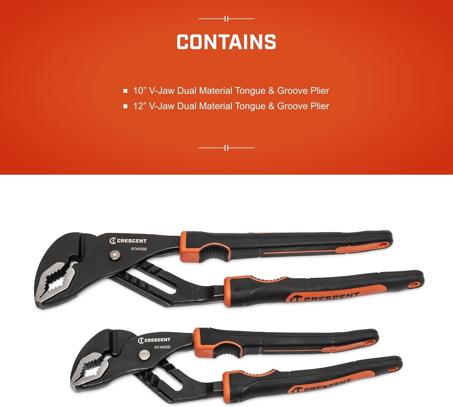 Crescent 2 Piece Grip Zone V-Jaw Dual Material Tongue & Groove Plier Set - 10" & 12" Versatile Pliers - Heavy Duty Hand Tools for Plumbing Tasks, Home Improvement & Repair - RT400SGSET2-05
