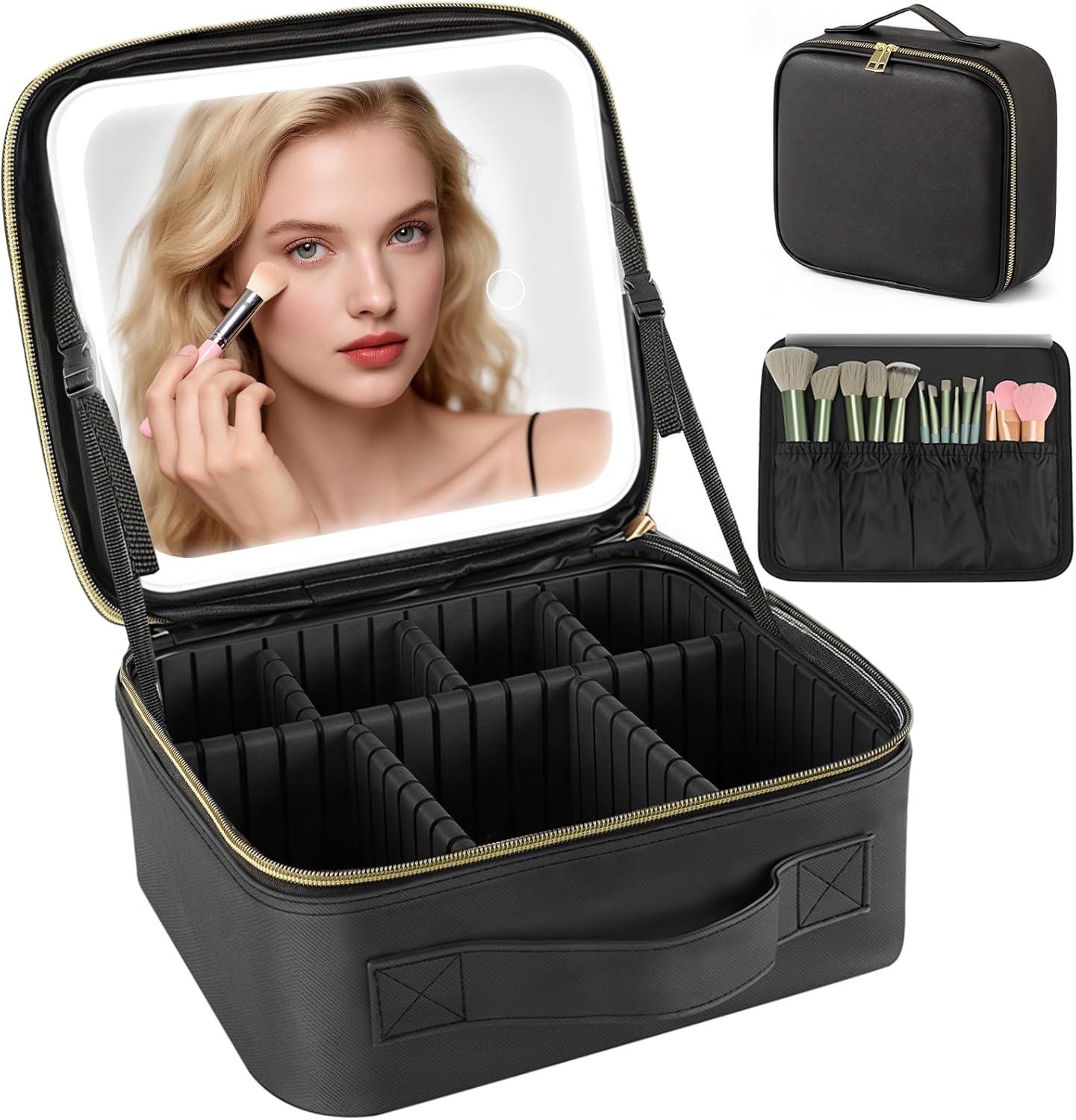 Travel Makeup Bag with LED Mirror, 3 Color Adjustable Brightness, Waterproof Cosmetic Train Case with Adjustable Dividers & Brush Holder, Portable Organizer for Travel & Makeup Artists, Pink