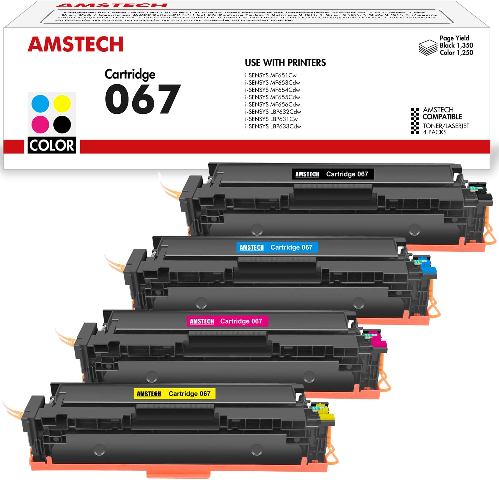 Amstech 067 Compatible Toner for Canon 067 067H for i-SENSYS LBP631Cw LBP633Cdw MF651Cw MF655Cdw MF657Cdw (Black Cyan Yellow Magenta, 4 Pack)