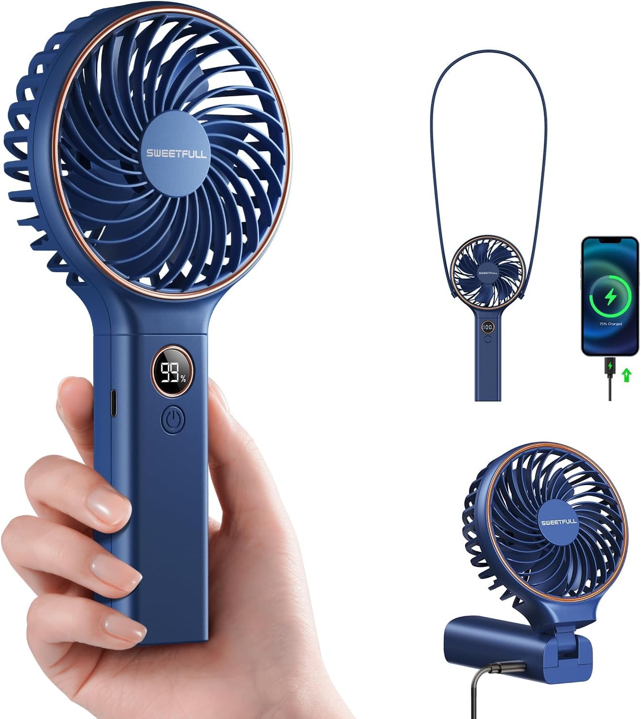 sweetfull handheld portable fan, 5000mah rechargeable battery, 6 speed wind, led digital display, foldable electric personal mini travel fan with backup power, summer essentials gifts for women girl