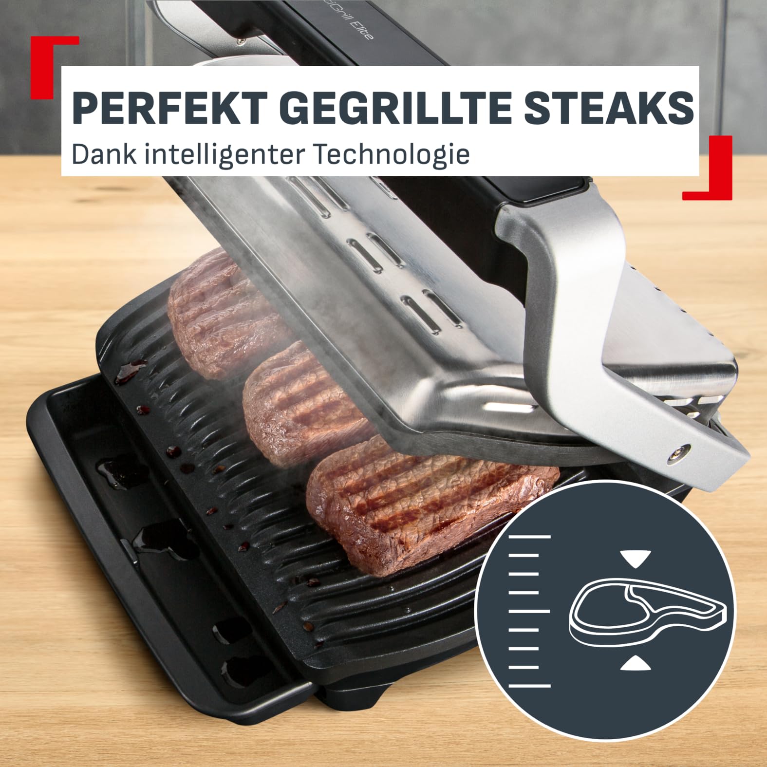 Tefal OptiGrill Elite Kontaktgrill, 12 Programme, Digitales Display, abnehmbare Platten, Edelstahl, GC750D16