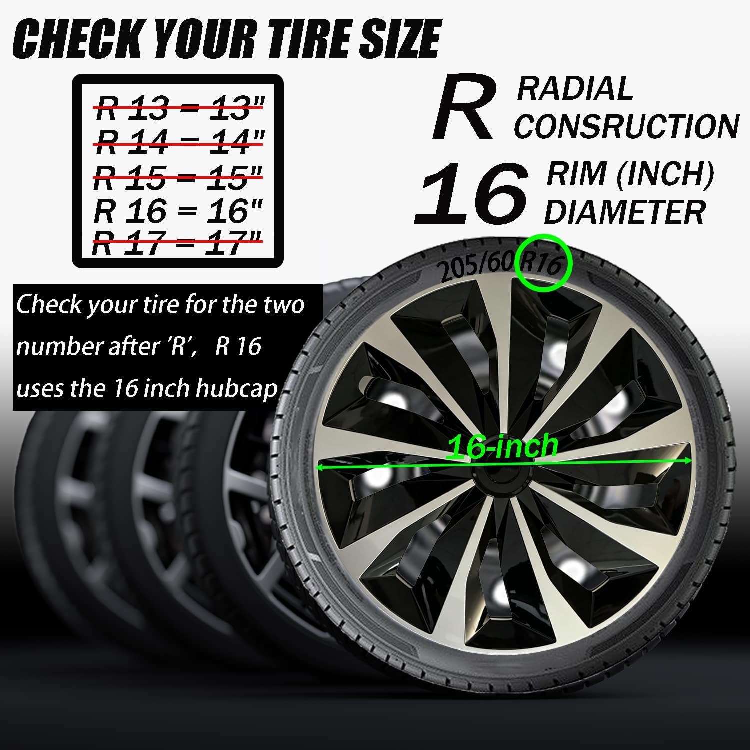 Condition photo showing New/Like New for hubcap wheel covers replacement r16 size hub caps universal-fit steel wheel rim cap abs tire cover for most cars trucks suv sedans -set of 4(16-inch,silver-black) tt-silver-black 16-inch