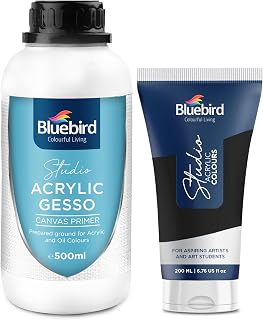 BLUEBIRD Studio Acrylic Gesso - 17 Fl Oz / 500ML + Studio Acrylic Paint Tube - Black 6.76 Fl Oz / 200ML