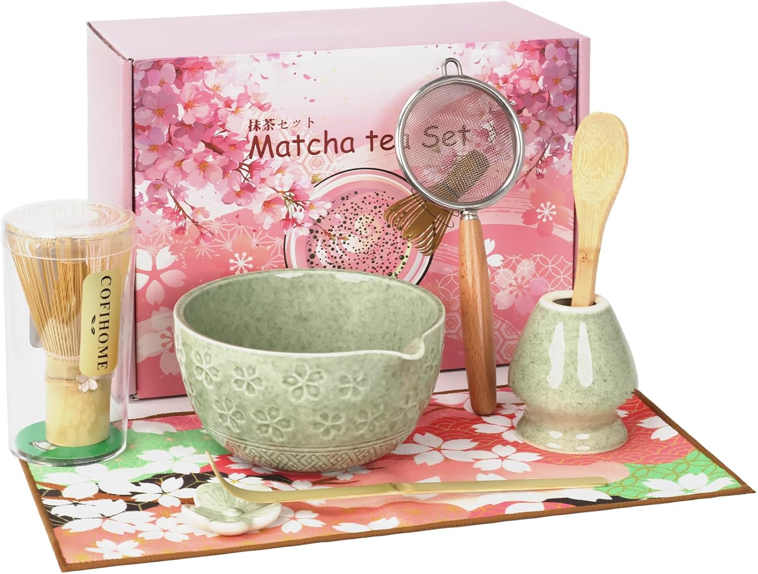 Juego de batidor de matcha, utensilios de ceremonia de té japonés (8 piezas) con cuenco de matcha con boquilla (19 onzas), batidor de bambú,
