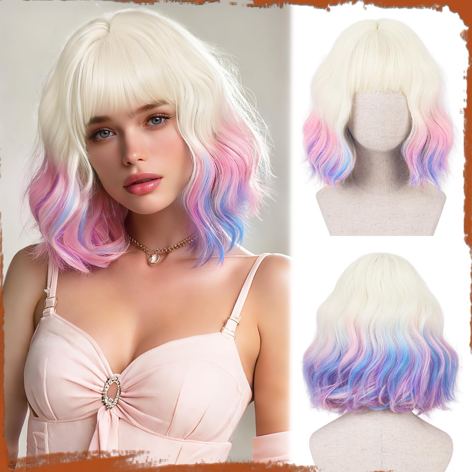 Sofeiyan Kurze Gewellte Bob Perücke mit Pony Damen 30 cm Regenbogen Synthetische Perücke für Frauen Natürliche Lockige Perücke für Cosplay Alltag Party Halloween