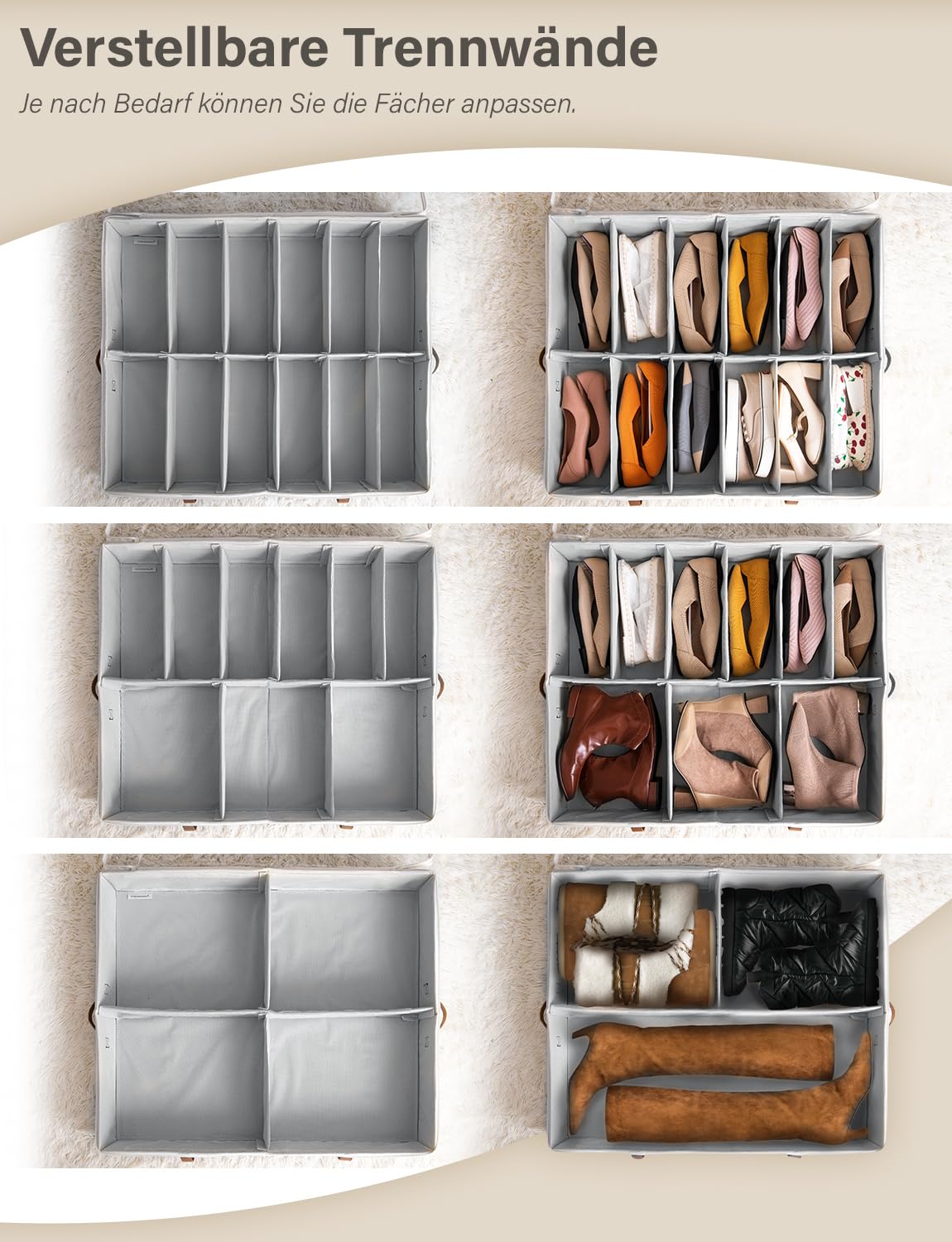 StorageWorks Organizer na buty pod łóżko, 76 x 72 x 13.5 cm pojemnik oszczędzający miejsce na 24 pary, z regulowanymi przegrodami i pokrywą, szary, 2 sztuki