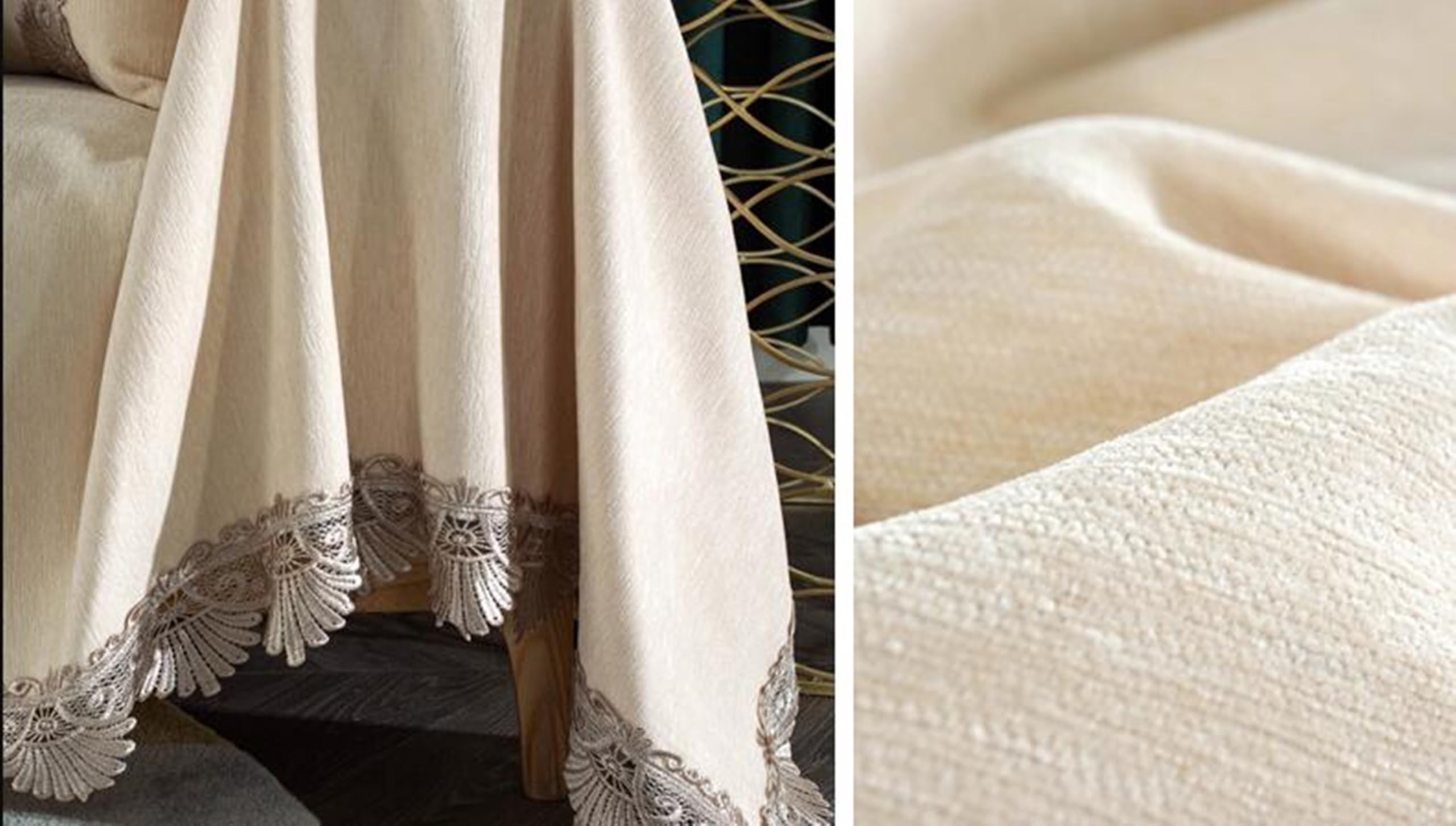Couverture Canapé, 180x350CM, Convient à 4 Places, Bordure Dentelle, Beige, Housse de Canapé Plaid Chenille, Anti Griffe de Chat