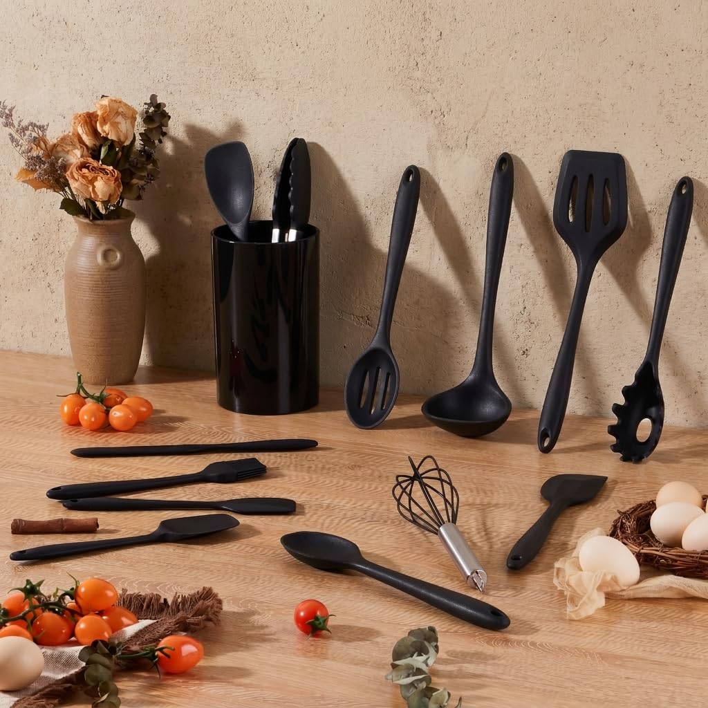 LIANYU Juego de 14 utensilios de cocina con soporte, utensilios de cocina de silicona resistentes al calor, incluye espátula, cuchara, batidor, pinzas, aptos para lavavajillas, color negro