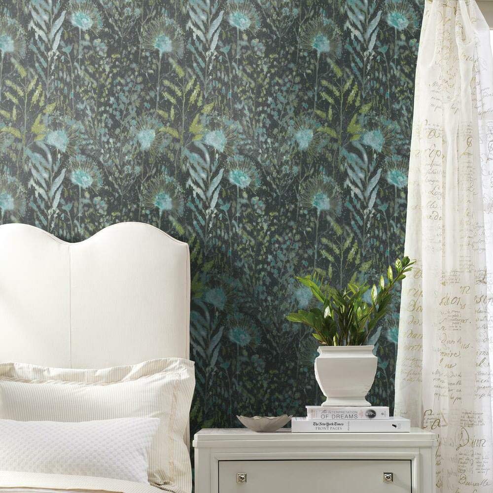 RoomMates RMK11743WP Dandelion Peel and Stick Wallpaper, Black/Teal, 52 x 503 cm