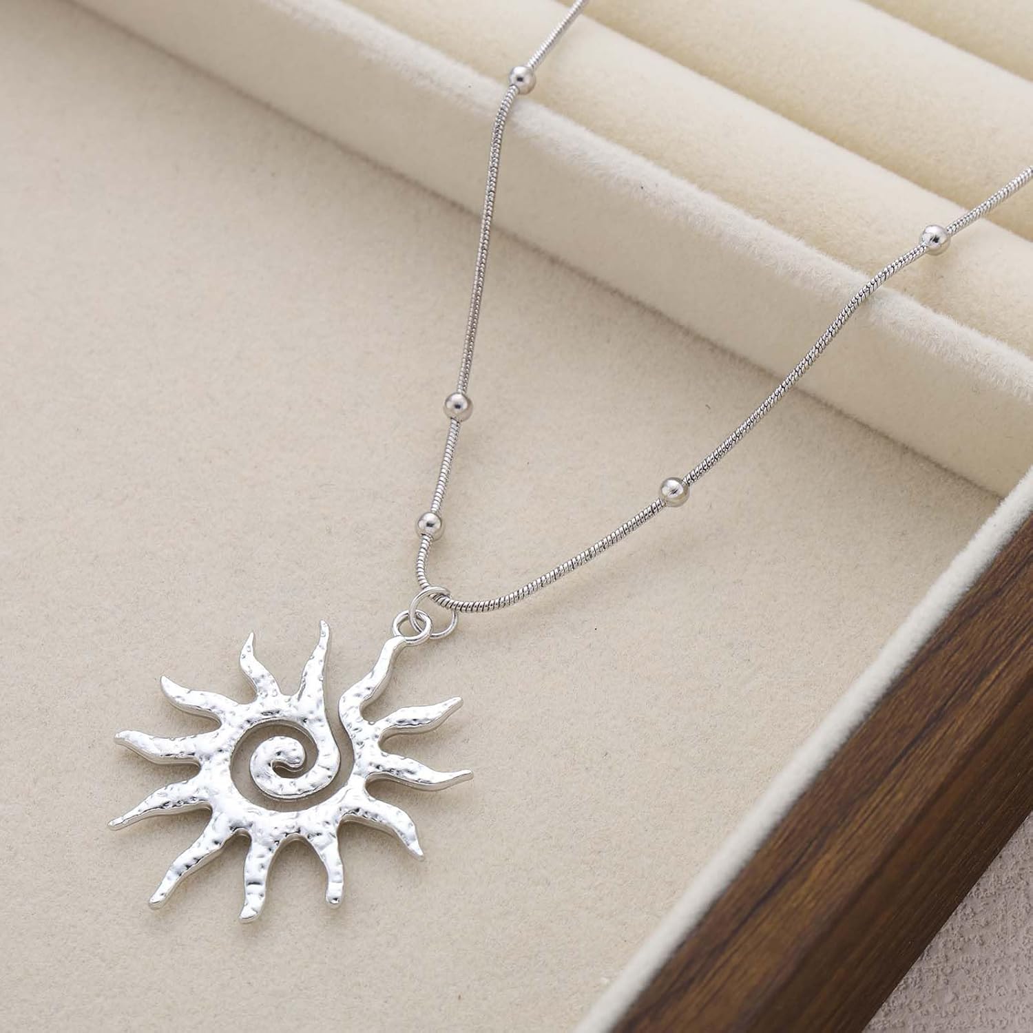 Boho Large Sunburst Necklace Choker Gold Spiral Sun Pendant Necklace Small Satellite Beaded Snake Chain Necklaces Swirl Celestial Sunshine Sunflower Necklaces Jewelry for Women - Image 4