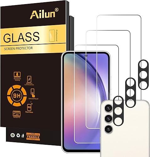 Ailun Paquete de 3 protectores de pantalla de vidrio para Galaxy A54 5G 6.4 pulgadas + 3 protectores de lente de cámara de 0.013 in, ultra