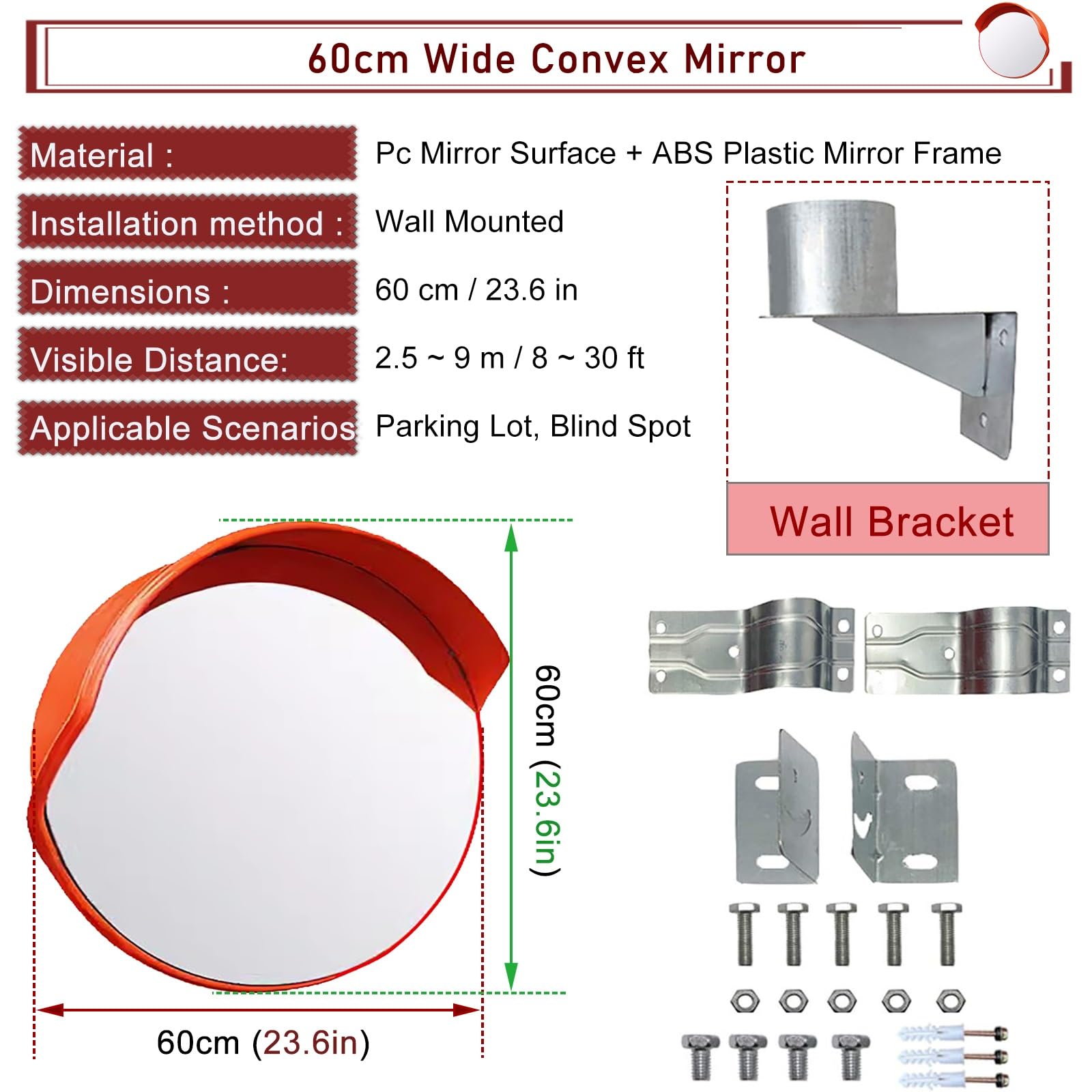 Traffic Curved Convex Wide Angle Mirror, Wall Mounted Wide Angle Curved Safety Mirror for Outdoor Road Driveway Garage, Adjustable Panoramic Rear View Mirror(60cm/23.6in)