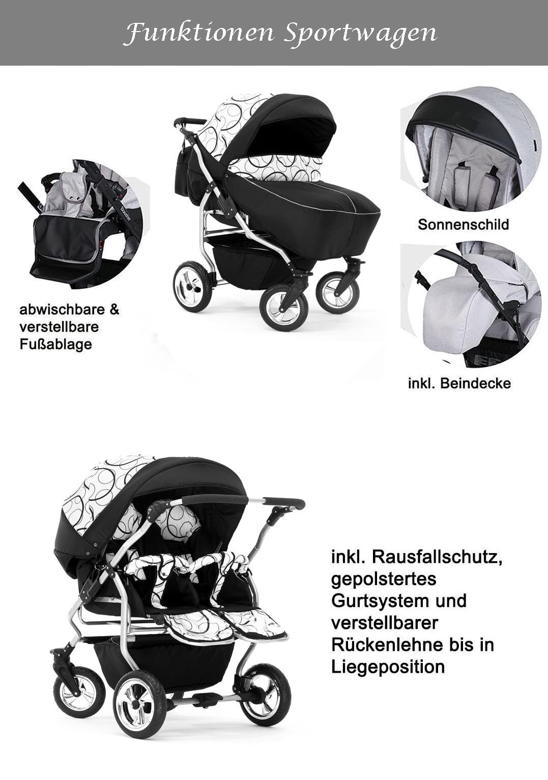 Zwillingskinderwagen 2 in 1 Duo Twin inkl. Sportsitze - 11 Teile - in 20 Farben