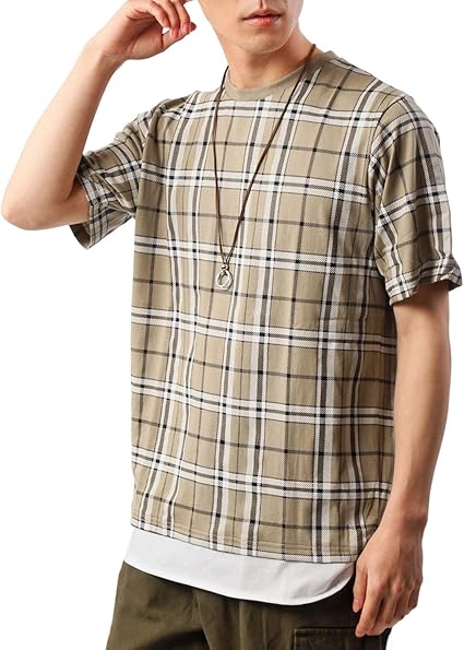 Amazon イナセ メンズ カットソー タータン チェック柄 ビッグシルエット Tシャツ 半袖 チョーカー付き 無地 男女兼用 3 ベージュb柄 Mサイズ Tシャツ カットソー 通販