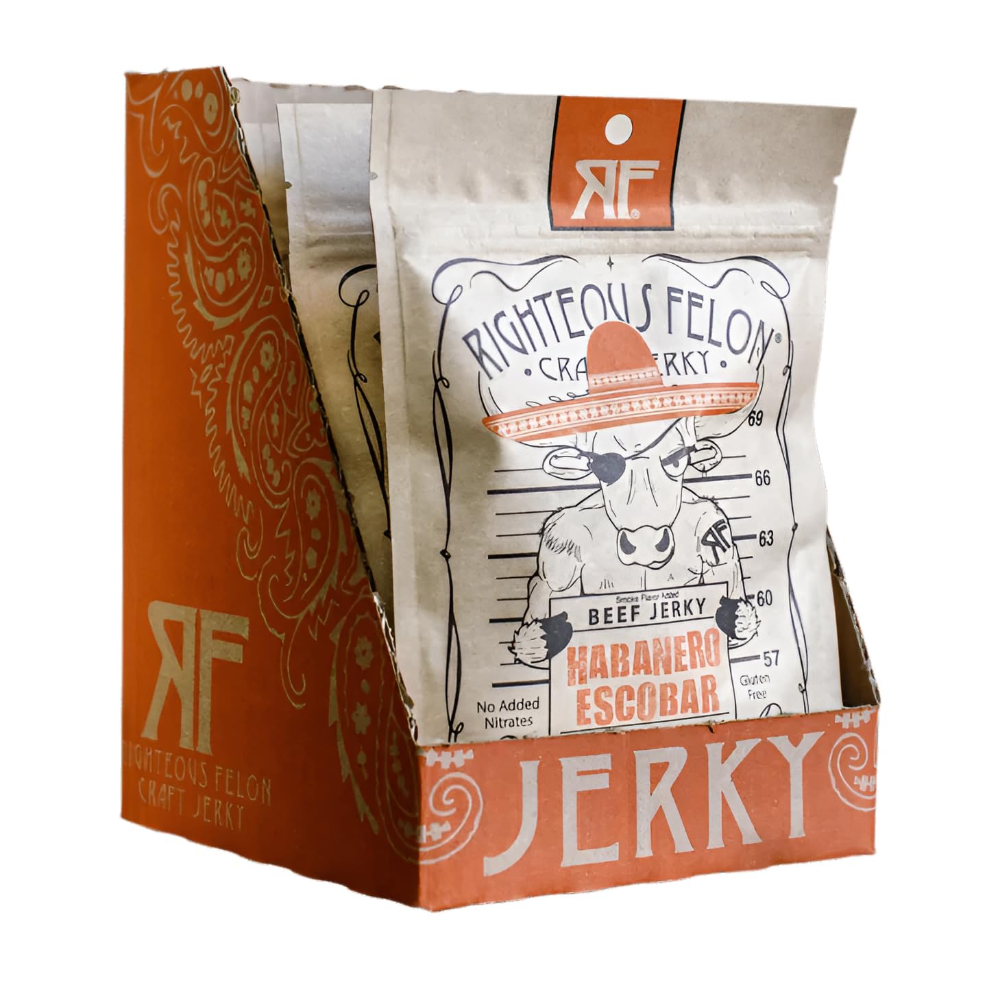 Righteous Felon Beef Jerky - Habanero Escobar Jerky - Gluten-Free Snacks - All-Natural, Locally Sourced & Dried Beef - Low-Sugar, High-Protein Healthy Snacks - 2 Ounces Each, Pack of 8