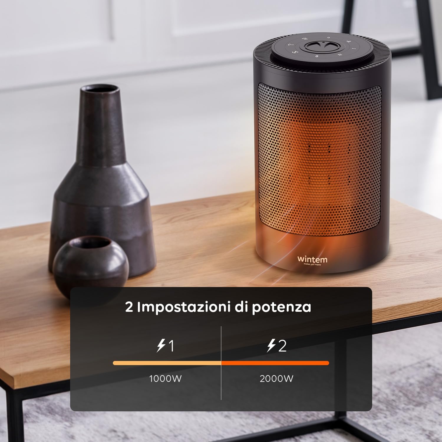 Wintem Termoventilatore da Tavolo 1500W Oscillante e a Basso Consumo - Ideale per un Riscaldamento in Pochissimo tempo in Camera, Bagno o Ufficio con 2 Livelli di Potenza
