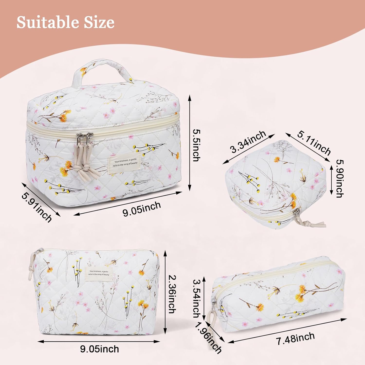 VIWIME Makeup Cosmetic Bag, Large Cotton Quilted Travel Coquette Aesthetic Cute Floral Make up Bag for Women Toiletry Bag Organizer (303-LongYellow)