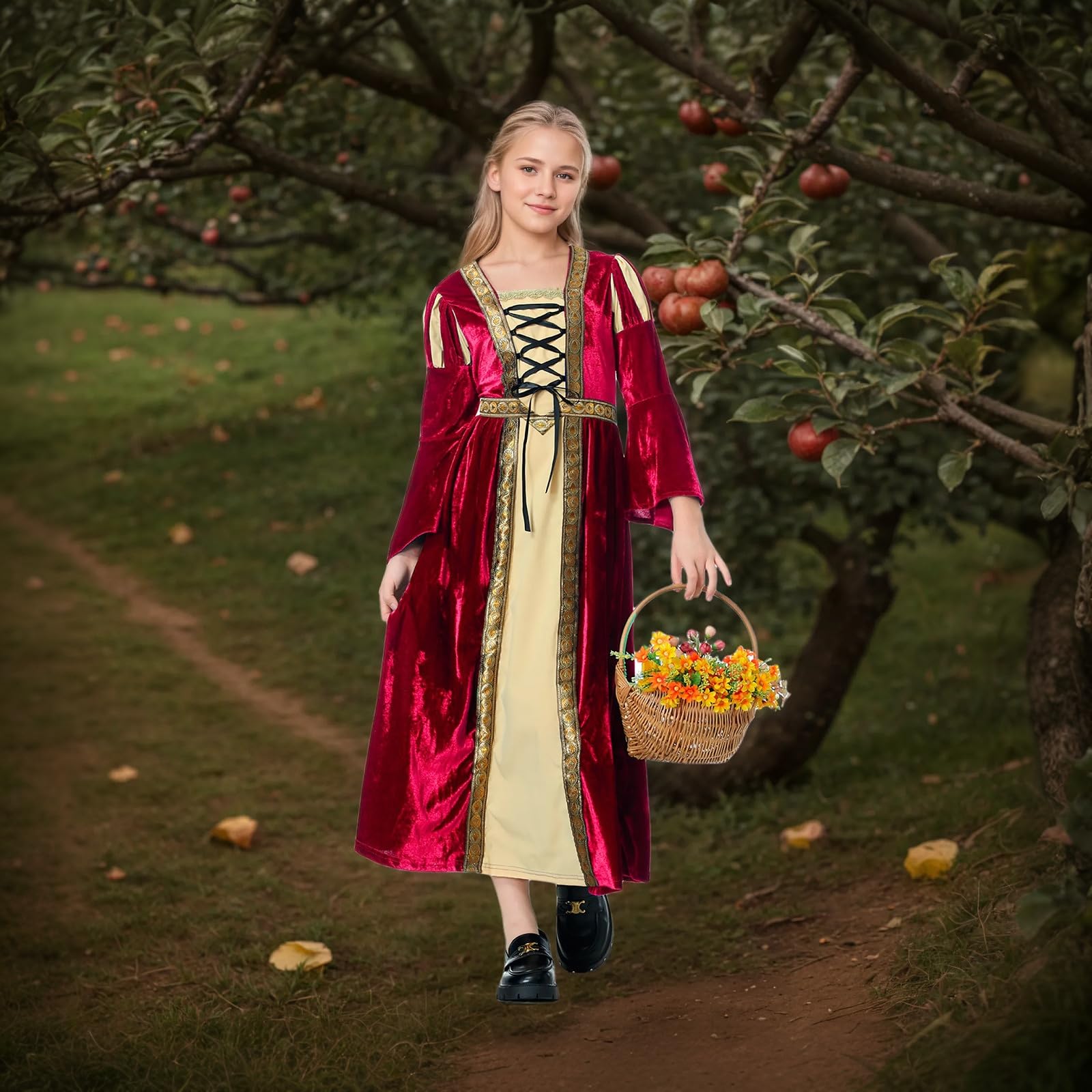 HAPNBCELE Medieval Dress for Girls Vintage Princess Renaissance Fair World Book Day Halloween Christmas Birthday 4-14 Years (Red - Image 4