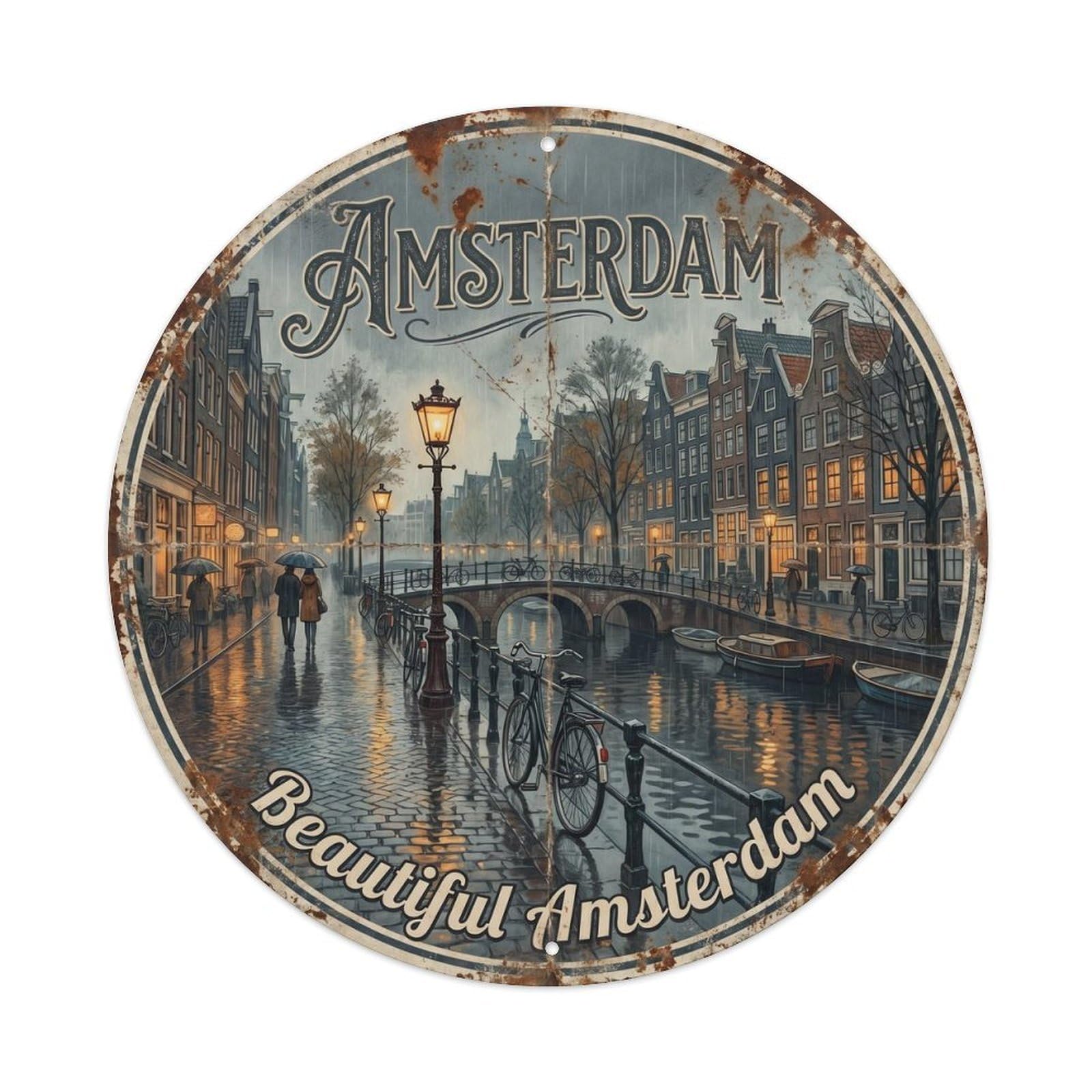 Vintage Travel Amsterdam Rainy Day Metal Tin Sign Plaque