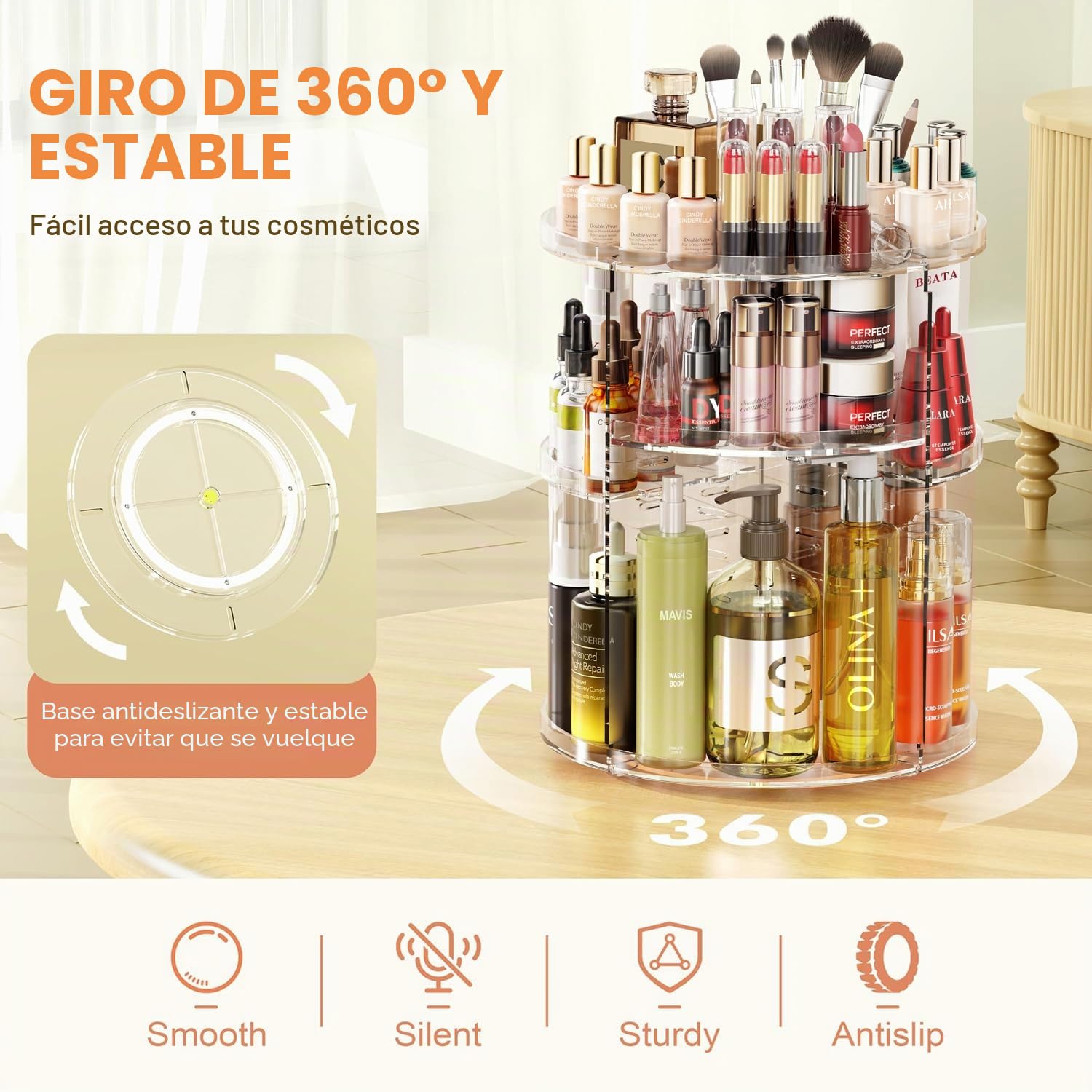 Auxmir Organizador de Maquillaje, Giratorio 360°, Organizador para Perfumes Cremas Pintalabios Skincare, Almacenaje Cosméticos con Capas Ajustables para Tocador Baño, Gran Capacidad